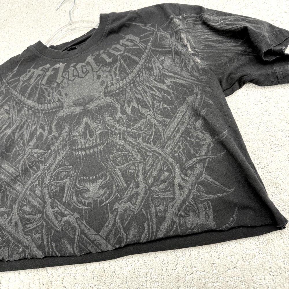 Affliction Graphic Cut off Crop Tee Womens M Black Skull Wing Distressed Raw Hem